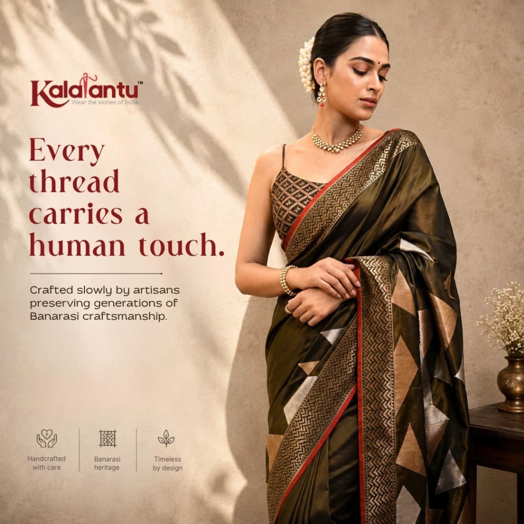 Elegant brand ad for Kalalantu sarees featuring a model in a Banarasi silk saree with promotional text.