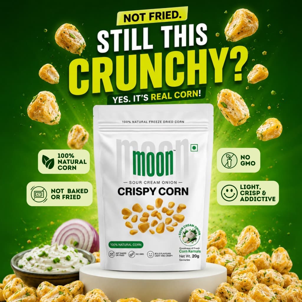Premium social media ad for Moon Crispy Corn (Sour Cream Onion flavor) packaging showing crunchy corn kernels and green background theme.