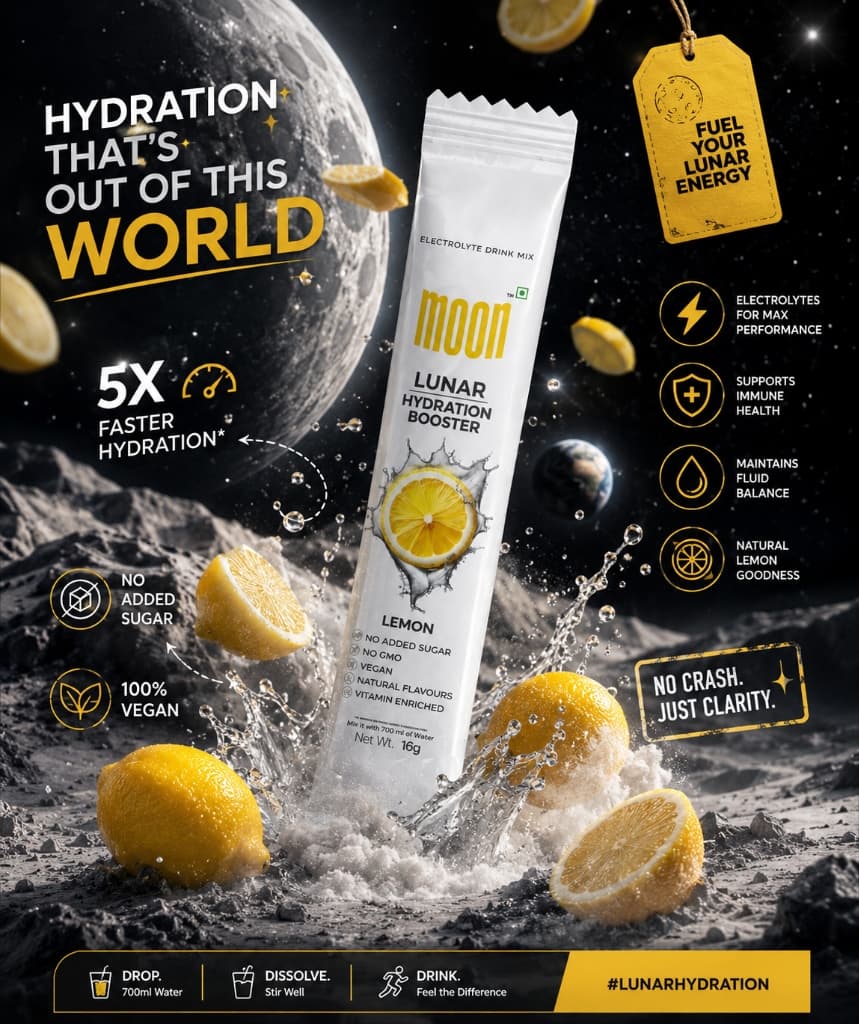 Vibrant vertical ad for Moon Lunar Hydration Booster electrolyte drink mix in a lunar space theme.