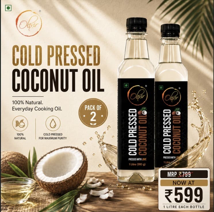 Social media promotion for Olixir cold pressed coconut oil bottles and fresh coconut ingredients.